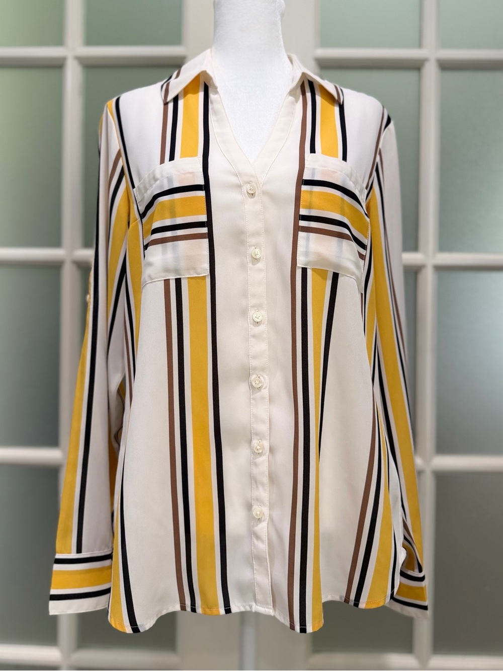 Express Striped V-Neck Button-Front Women’s Top in Yellow and Cream